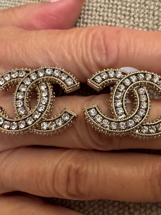 CHANEL Jewelry - Classic Chanel CC Logo Large Strass Crystal Embellished Gold Stud Earrings